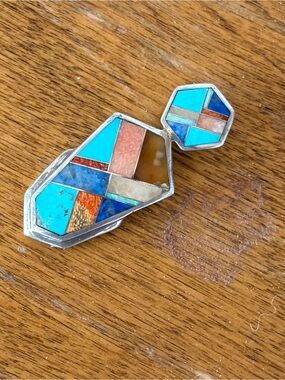 Vintage Sterling Silver Handcrafted Multistone Inlay Drop Pendant